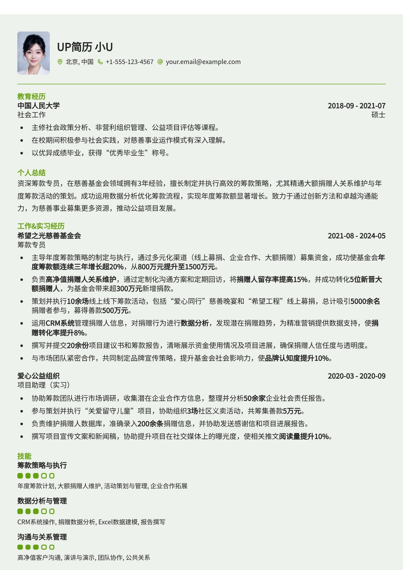 筹款专员简历模板：年度筹款额可视化与捐赠人维护策略，助您脱颖而出简历模板预览