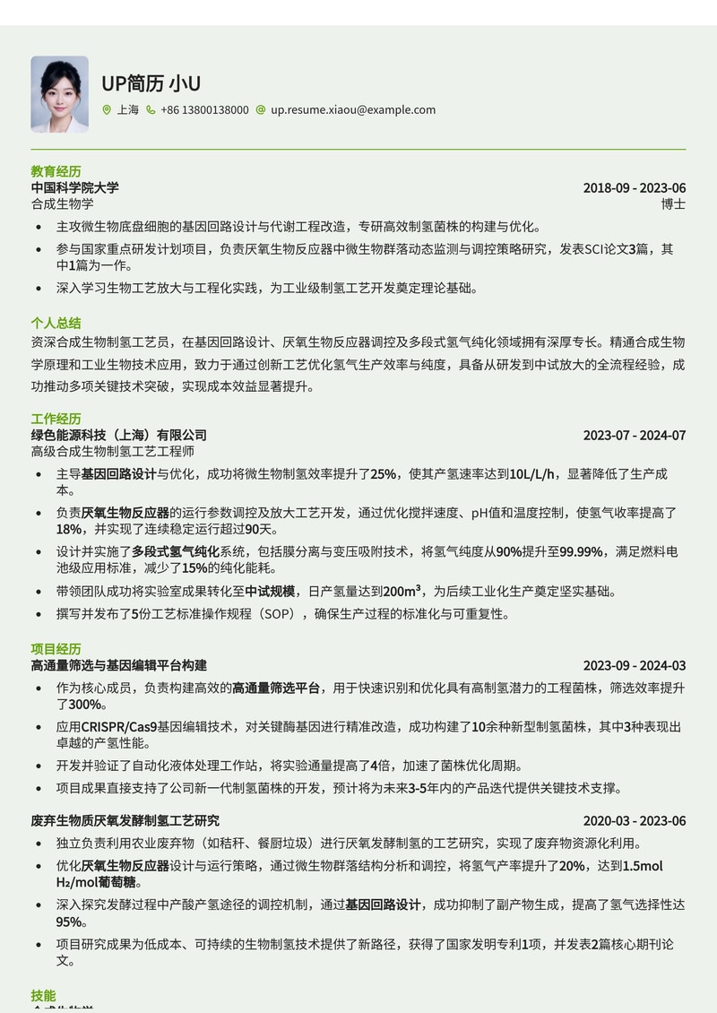 合成生物制氢工艺员简历模板：基因回路设计与厌氧生物反应器优化专家简历模板预览