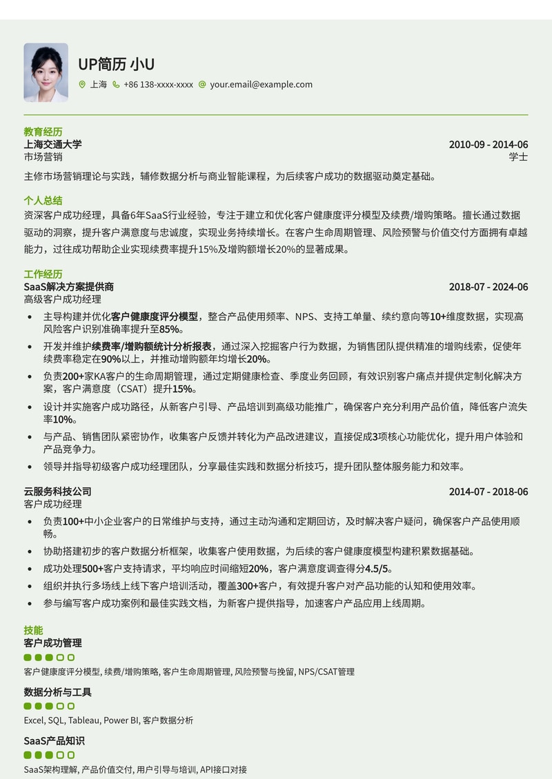 客户成功经理(CSM)简历模板：客户健康度评分模型与续费增购实战成果简历模板预览