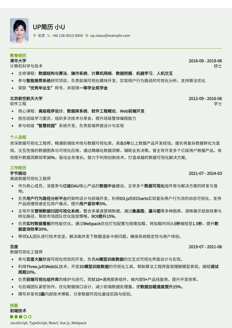 数据可视化工程师简历模板：图表说话，洞察数据价值简历模板预览