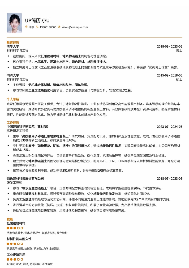 低碳零水泥混凝土研发工程师简历模板:地聚物活性激发与工业废渣协同利用专家简历模板预览