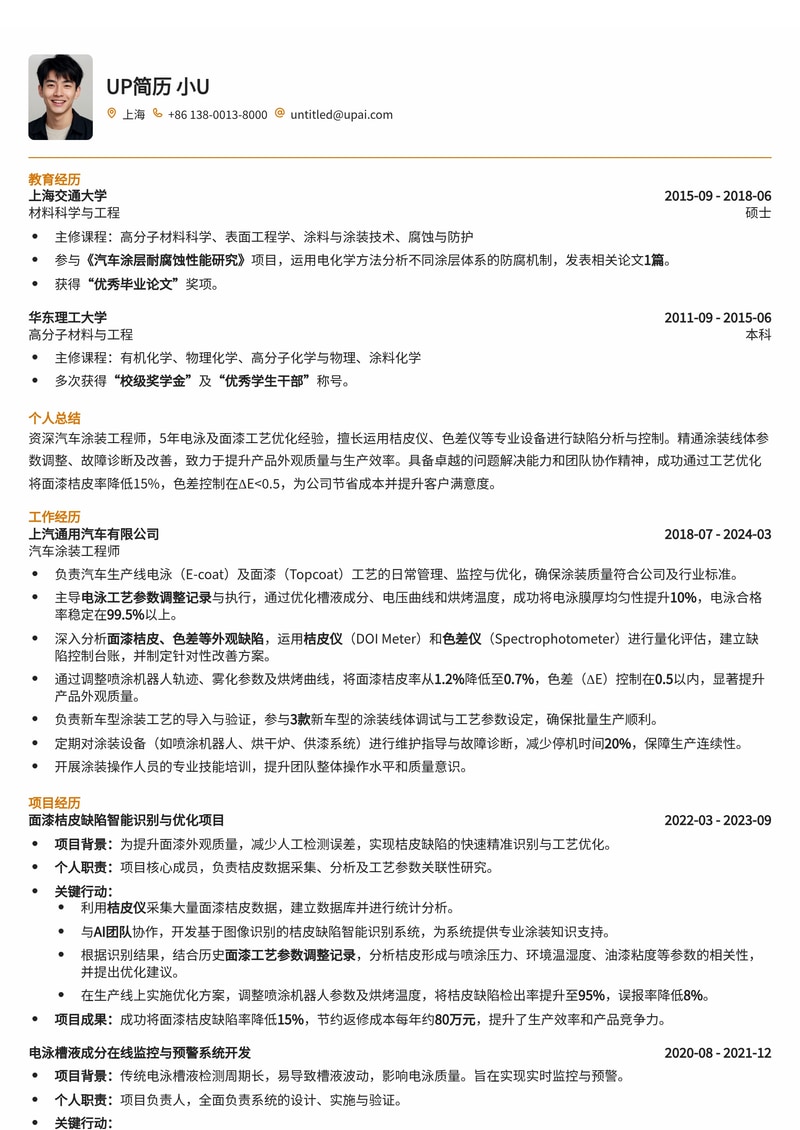 汽车涂装工程师简历模板：电泳/面漆工艺与质量管理专家（含缺陷控制台账）简历模板预览