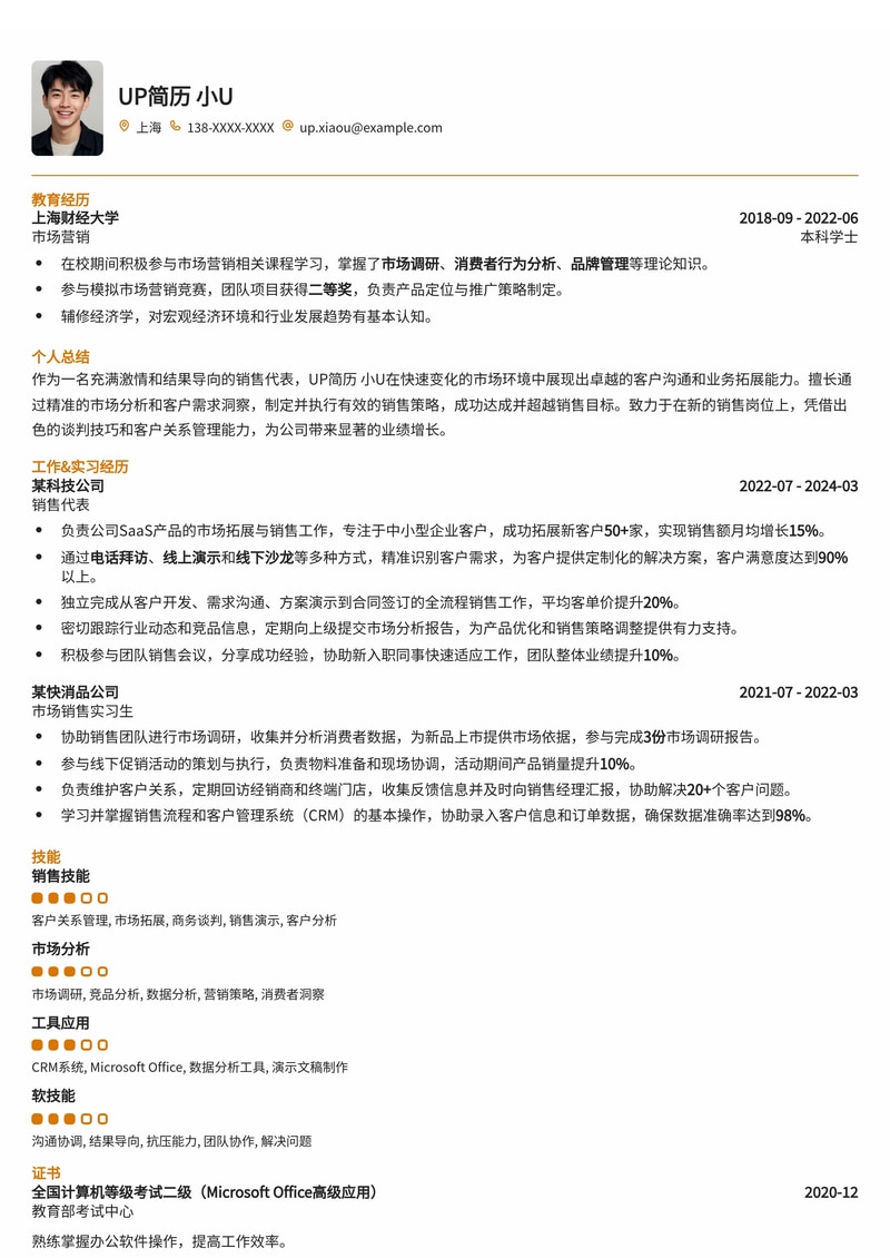 销售精英必备:高效转化,业绩飙升的销售代表简历模板简历模板预览