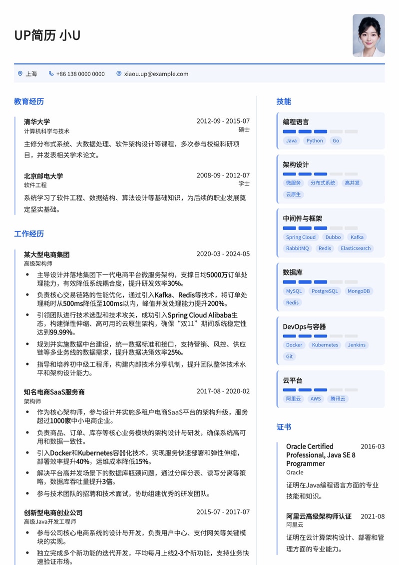 电商架构师专属：高并发、分布式系统实战型简历模板简历模板预览