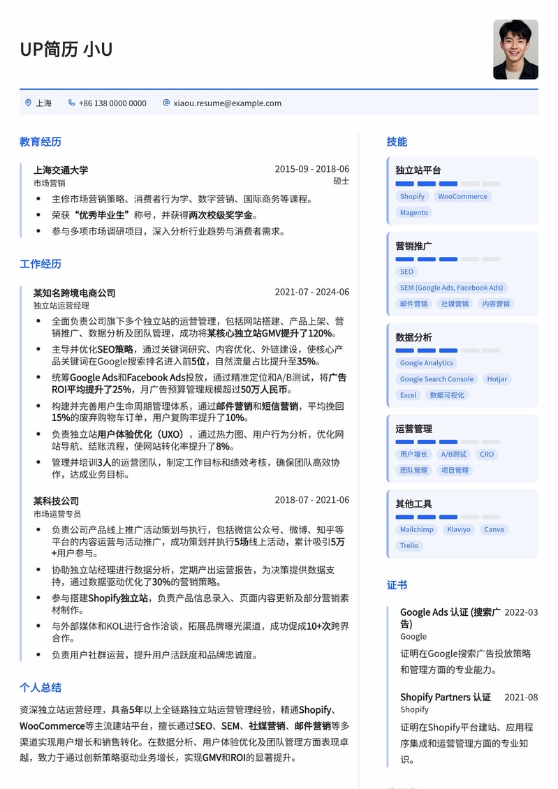 高效转化：独立站运营经理专业简历模板，助您快速斩获offer