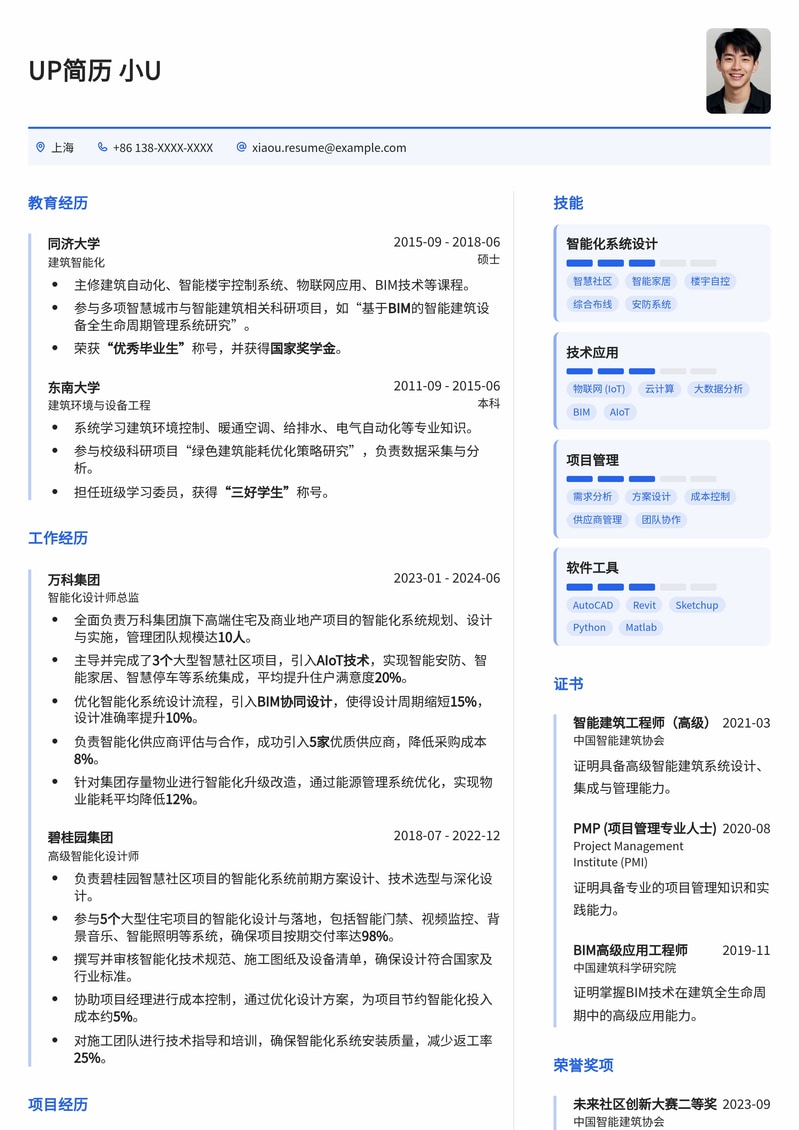 智能化未来人居：房地产智能化设计师简历模板简历模板预览