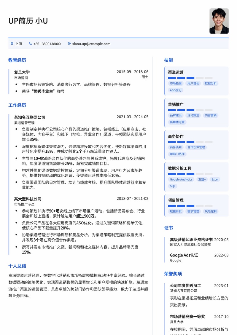 高效渠道运营经理简历模板:助力您打造卓越市场拓展力简历模板预览