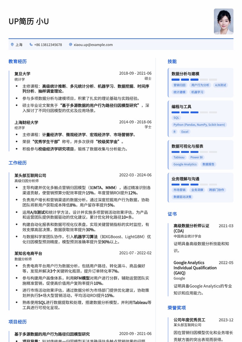 数据驱动决策：归因分析师专业简历模板，助你洞察市场先机简历模板预览