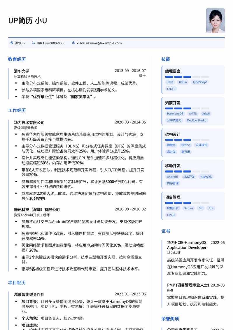 鸿蒙应用架构师专业简历模板：赋能创新，引领未来简历模板预览