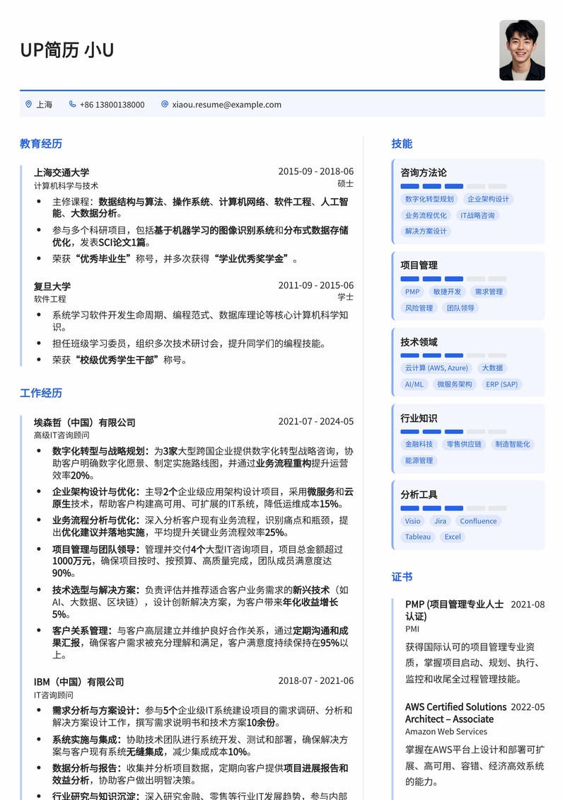 IT咨询顾问 · 高效专业简历模板简历模板预览