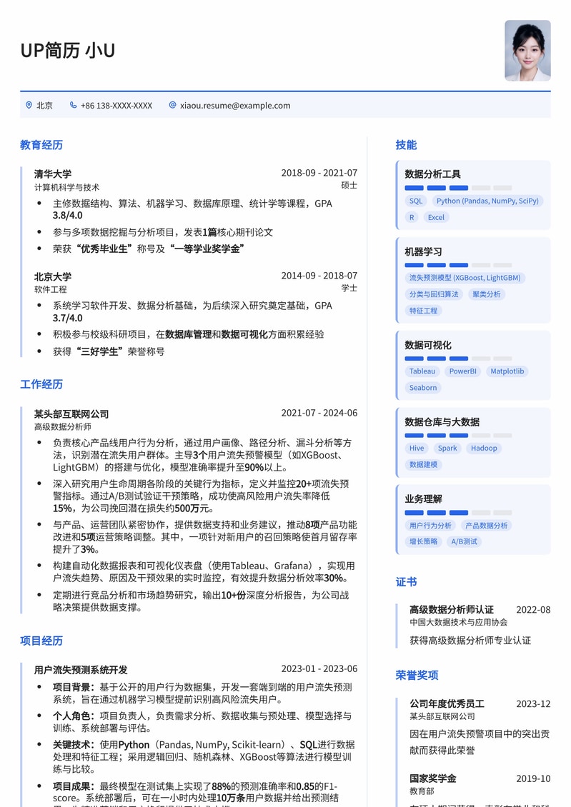 深度洞察，精准挽留：流失用户分析师专业简历模板简历模板预览