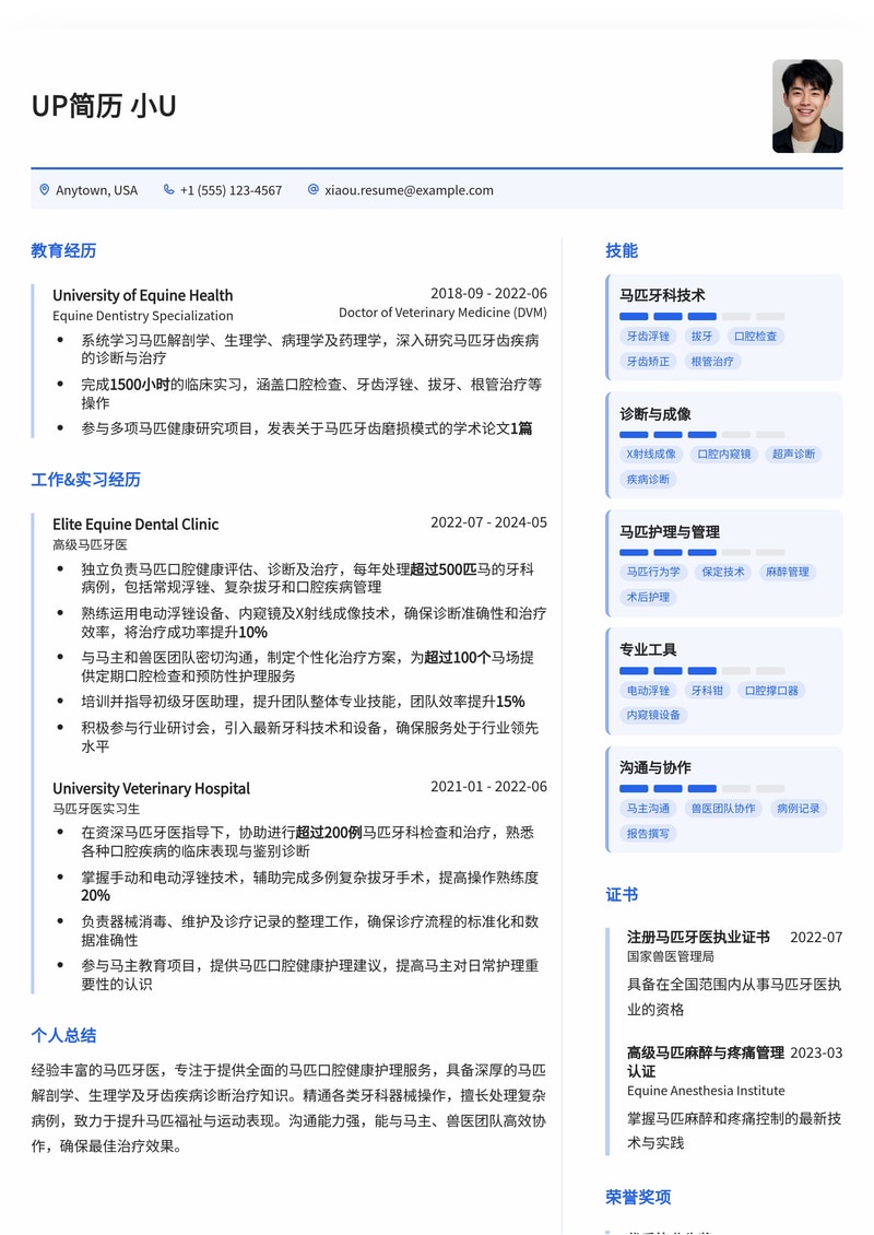 稀有专业定制:马匹牙医高辨识度简历模板简历模板预览