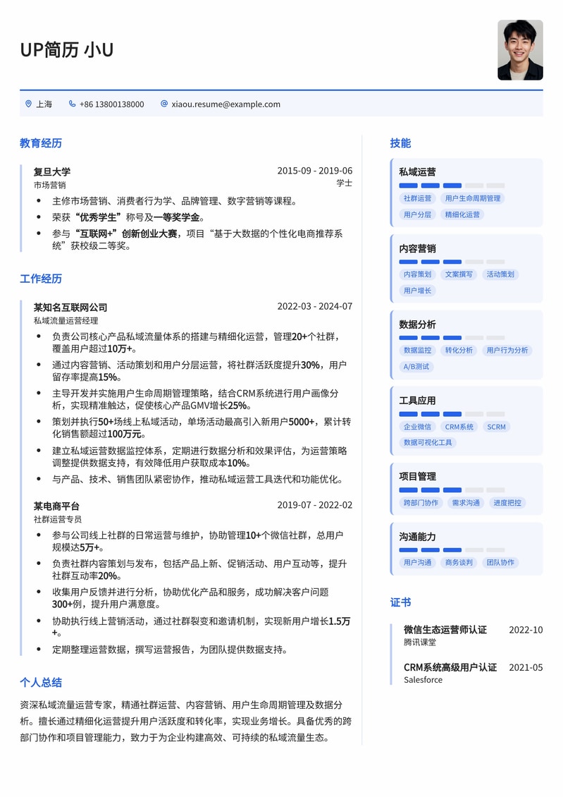 私域流量运营经理简历模板：高效转化，业绩增长利器简历模板预览