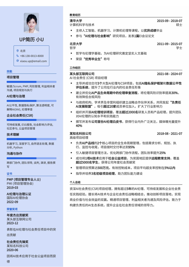 AI社会责任(CSR)项目经理：驱动可持续AI发展的专业简历模板简历模板预览