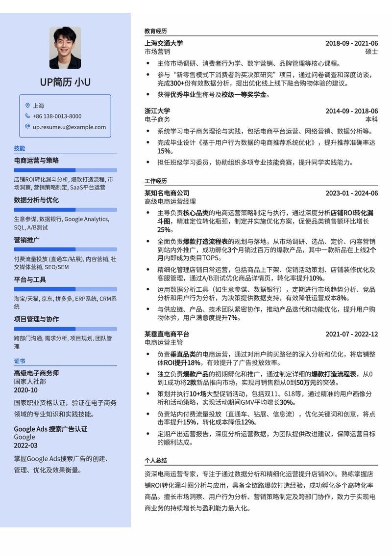 电商运营简历模板：ROI转化漏斗图与爆款打造，助你业绩倍增！简历模板预览