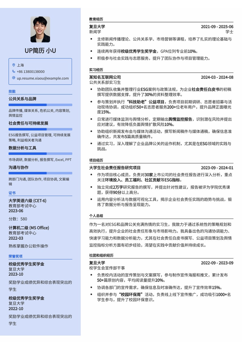 ESG品牌公关实习生简历模板：社会责任白皮书撰写与舆情监控实战经验简历模板预览