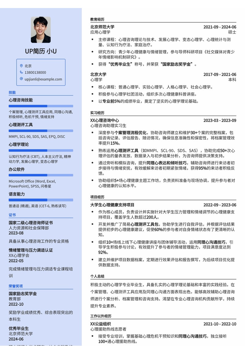 心理咨询师助理简历模板：个案管理、测评应用与同理心表达专业范例简历模板预览