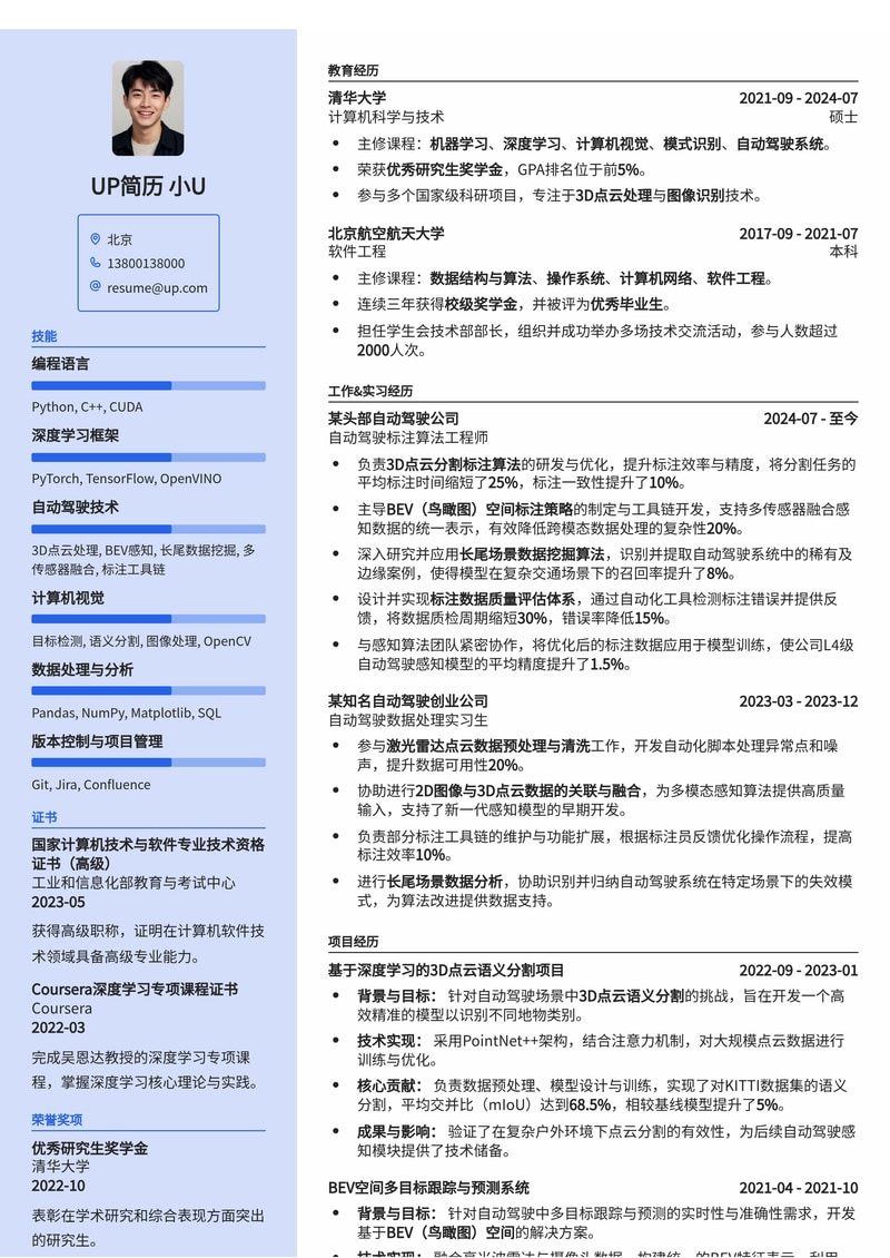 自动驾驶标注算法工程师简历模板：3D点云分割、BEV空间标注与长尾场景数据挖掘简历模板预览