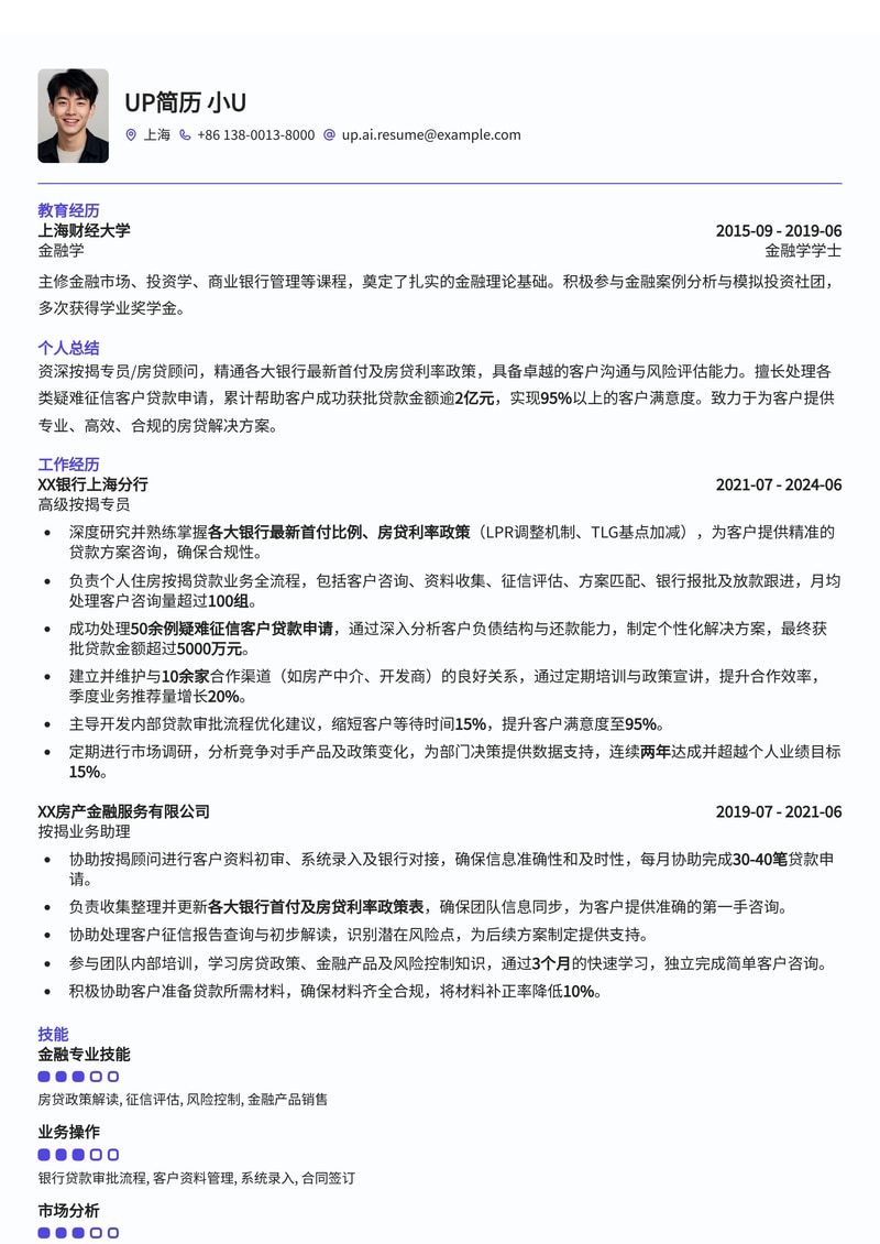 按揭专员/房贷顾问简历模板:掌握最新房贷政策,助您事业腾飞(附各大银行首付/利率政策与疑难征信获批案例)简历模板预览