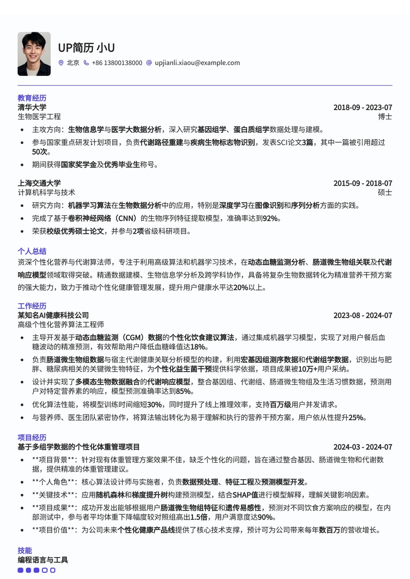 个性化营养与代谢算法师 简历模板：数据驱动，精准健康管理 (内置 CGM、微生物组、代谢模型)简历模板预览
