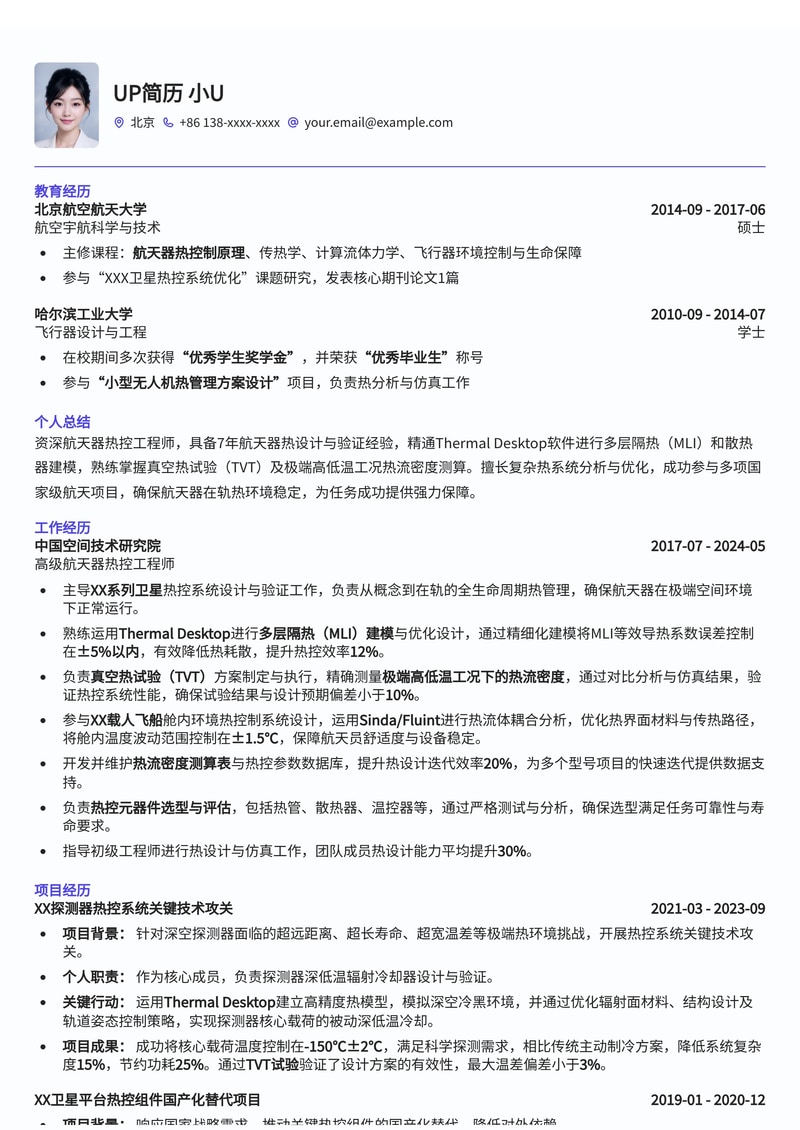 航天器热控工程师(Thermal Control Eng.)简历模板:深度解析Thermal Desktop多层隔热(MLI)建模与真空热试验(TVT)极端高低温工况热流密度测算简历模板预览