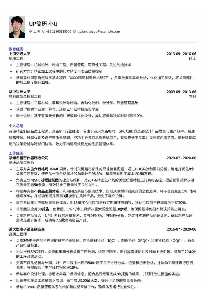 精密制造品质工程师简历模板：六西格玛分析、SPC过程控制与不良品追溯简历模板预览