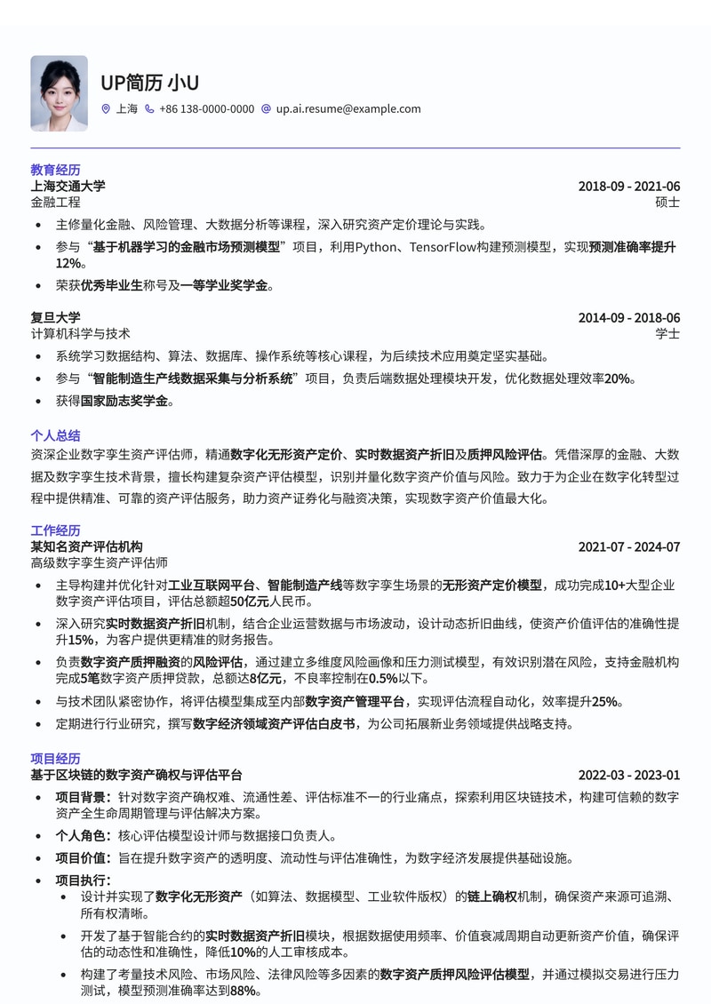 企业数字孪生资产评估师简历模板：深度融合数字化无形资产定价、实时数据资产折旧与质押风险评估简历模板预览