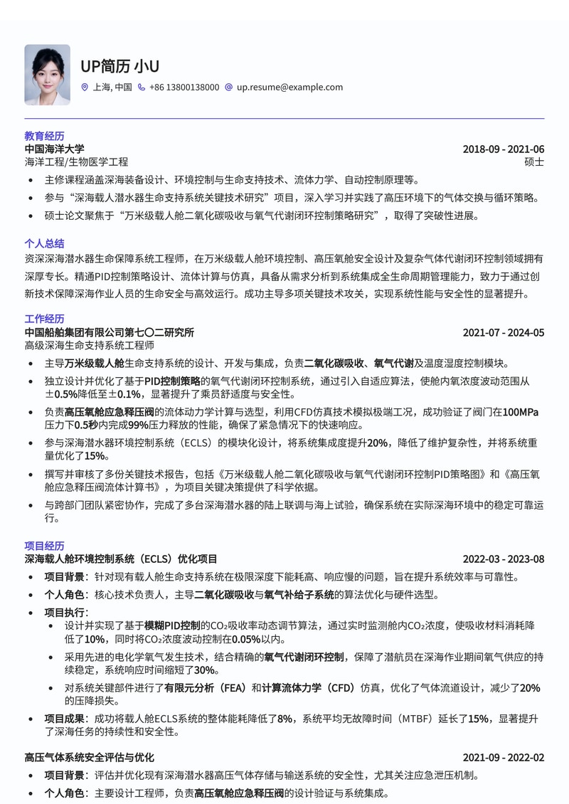 深海潜水器生保系统工程师(LSS Eng.)简历模板:万米级载人舱CO2吸收与O2代谢闭环控制PID策略、高压氧舱应急释压流体计算书简历模板预览