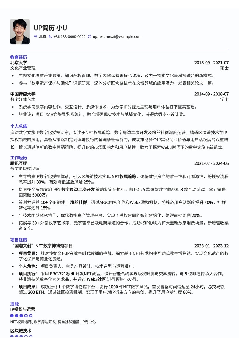 数字文旅IP数字化授权专家简历模板：聚焦NFT权属、数字周边与粉丝社群简历模板预览