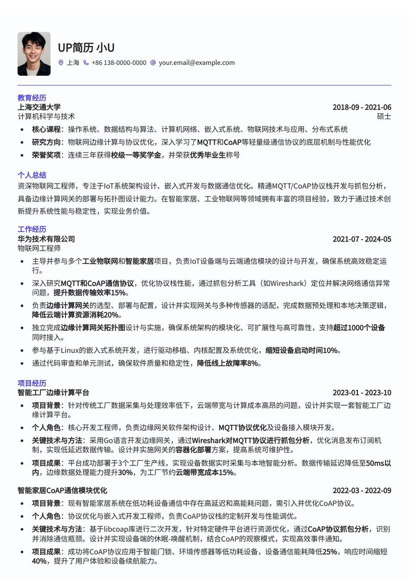 物联网工程师(IoT)简历模板：MQTT/CoAP通信协议抓包分析与边缘计算网关部署拓扑图简历模板预览