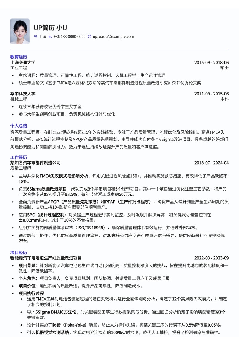 质量工程师简历模板：FMEA失效分析与6Sigma认证，助您脱颖而出简历模板预览