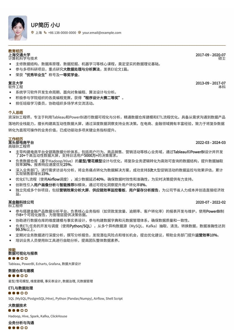 BI工程师专业简历模板:精选Tableau/PowerBI数据大屏与数仓建模逻辑,助力数据洞察力展示简历模板预览