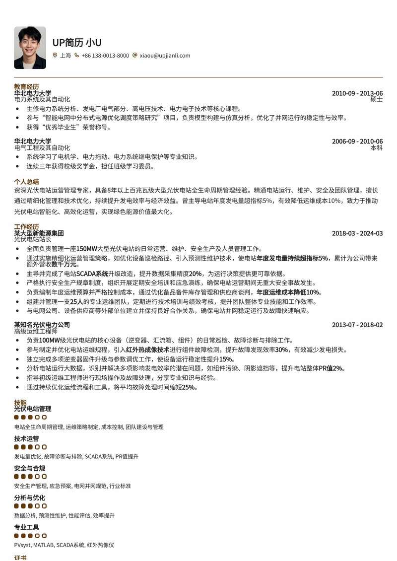 光伏电站站长简历范文：管理百兆瓦级电站，发电量超指标5%