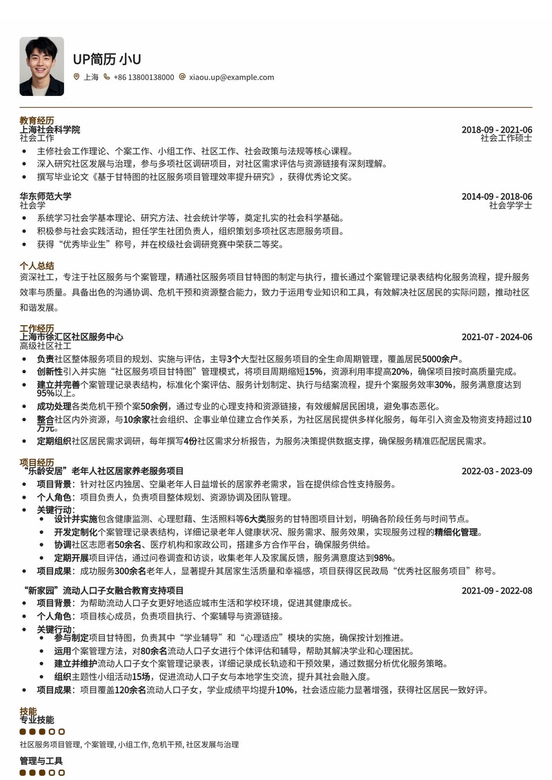 社工简历模板：社区服务项目甘特图与个案管理记录表，专业社工必备简历模板预览