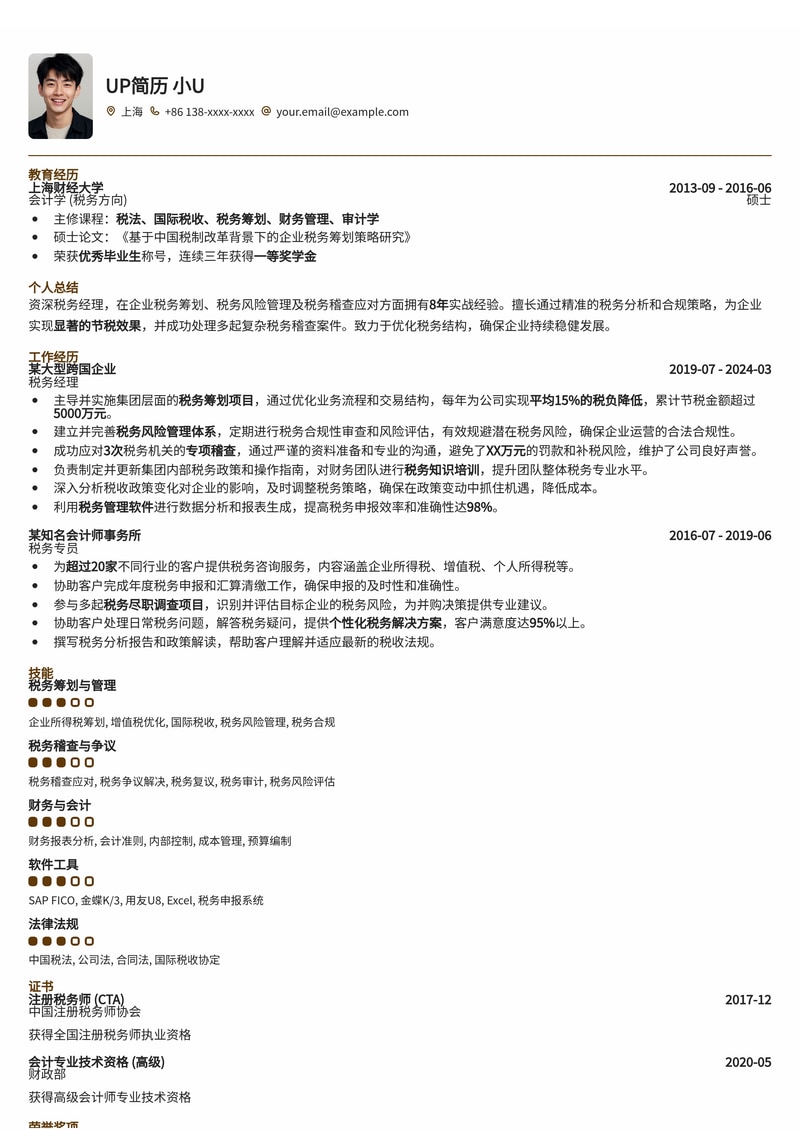 税务经理简历模板：企业税务筹划节税与税务稽查应对实战简历模板预览