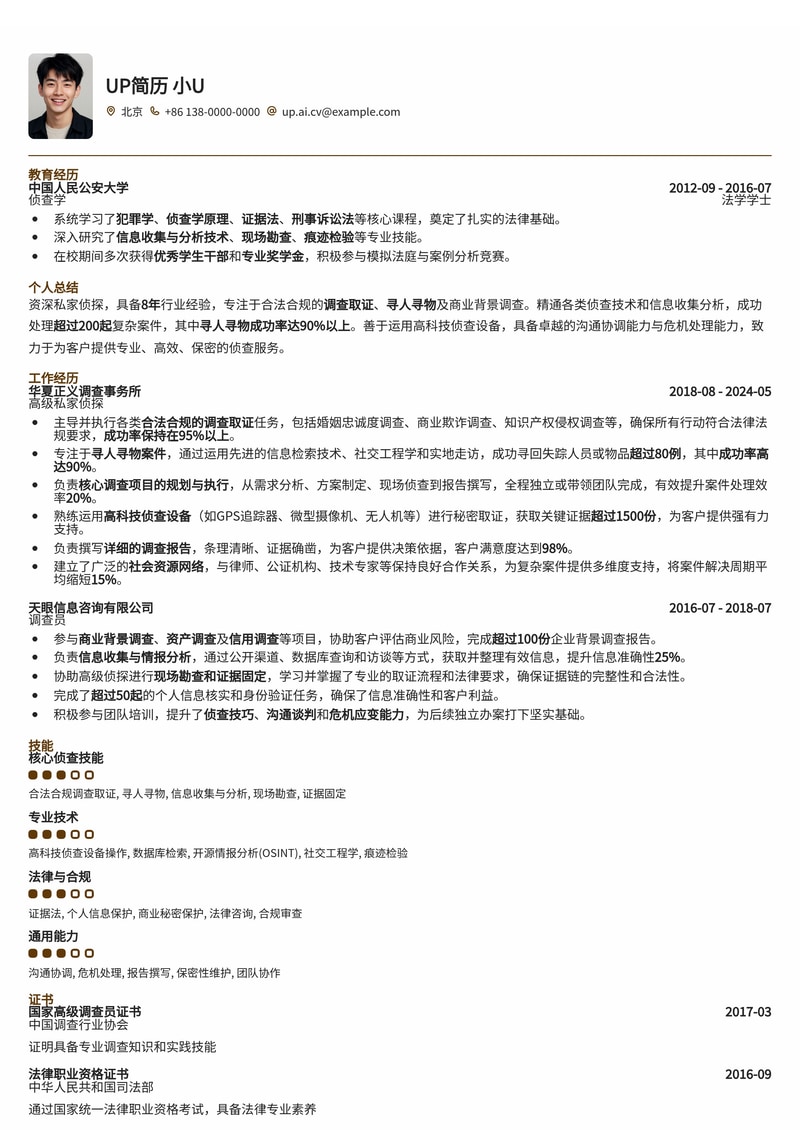 私家侦探专业简历模板:合法合规声明,突出寻人/寻物成功案例