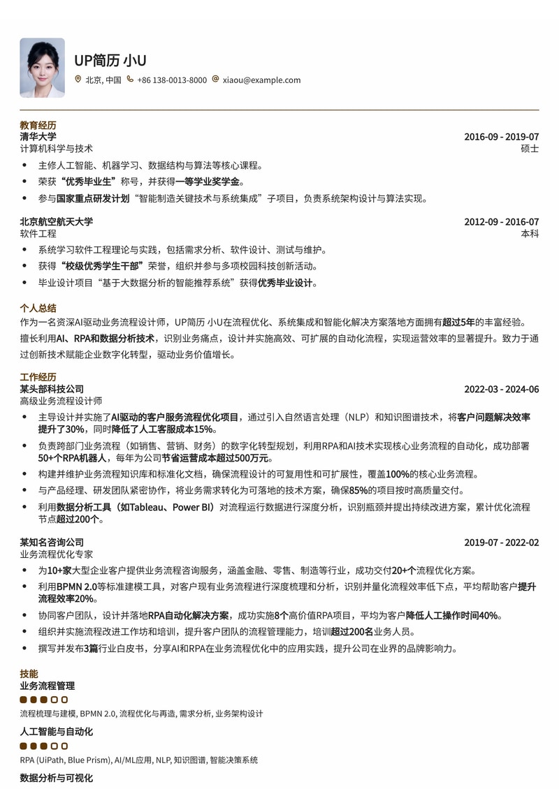AI驱动业务流程设计师简历模板：智能化转型新动力，助力企业高效运作简历模板预览