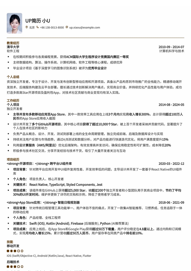 独立开发者专属:GitHub Star数与App Store收入双重亮眼简历模板简历模板预览