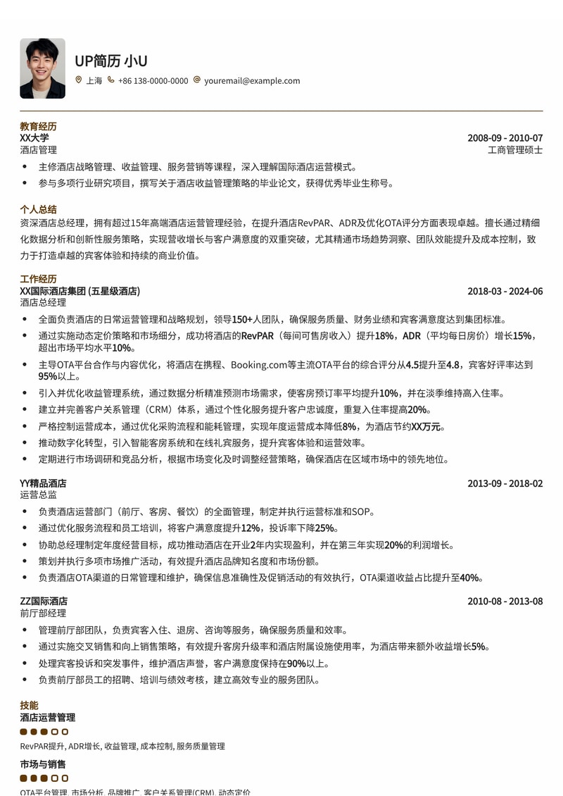 酒店总经理简历模板：提升RevPAR/ADR，优化OTA评分，实现卓越运营