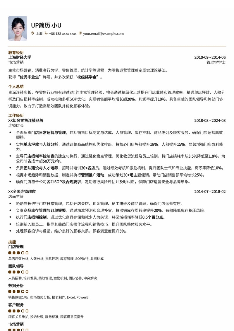 业绩提升利器：连锁店长（零售）专业简历模板，附坪效/人效分析与损耗控制表，助你精准管理，实现门店盈利增长简历模板预览