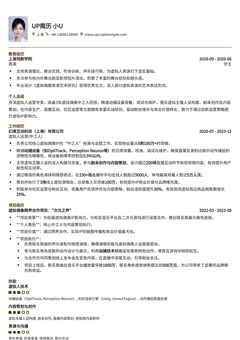 虚拟人运营(中之人)简历模板:洞悉动捕,驾驭人设,打造未来虚拟偶像