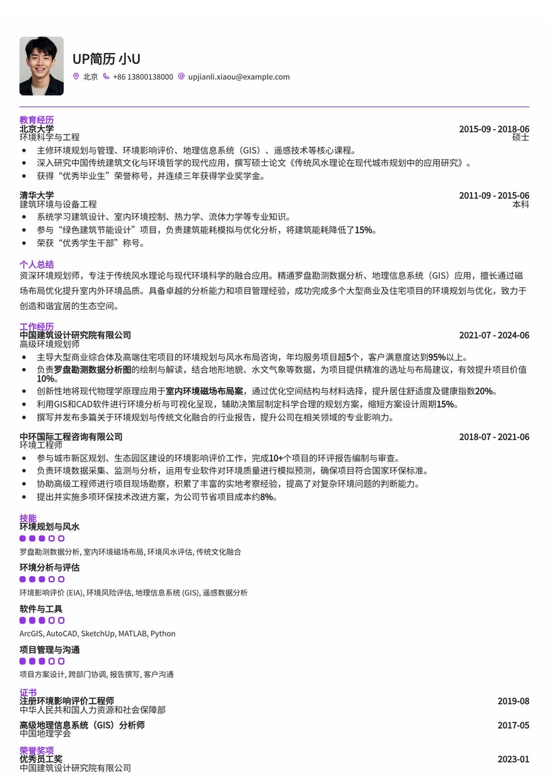 环境规划师(风水)简历模板:罗盘勘测数据分析图与室内环境磁场布局案简历模板预览