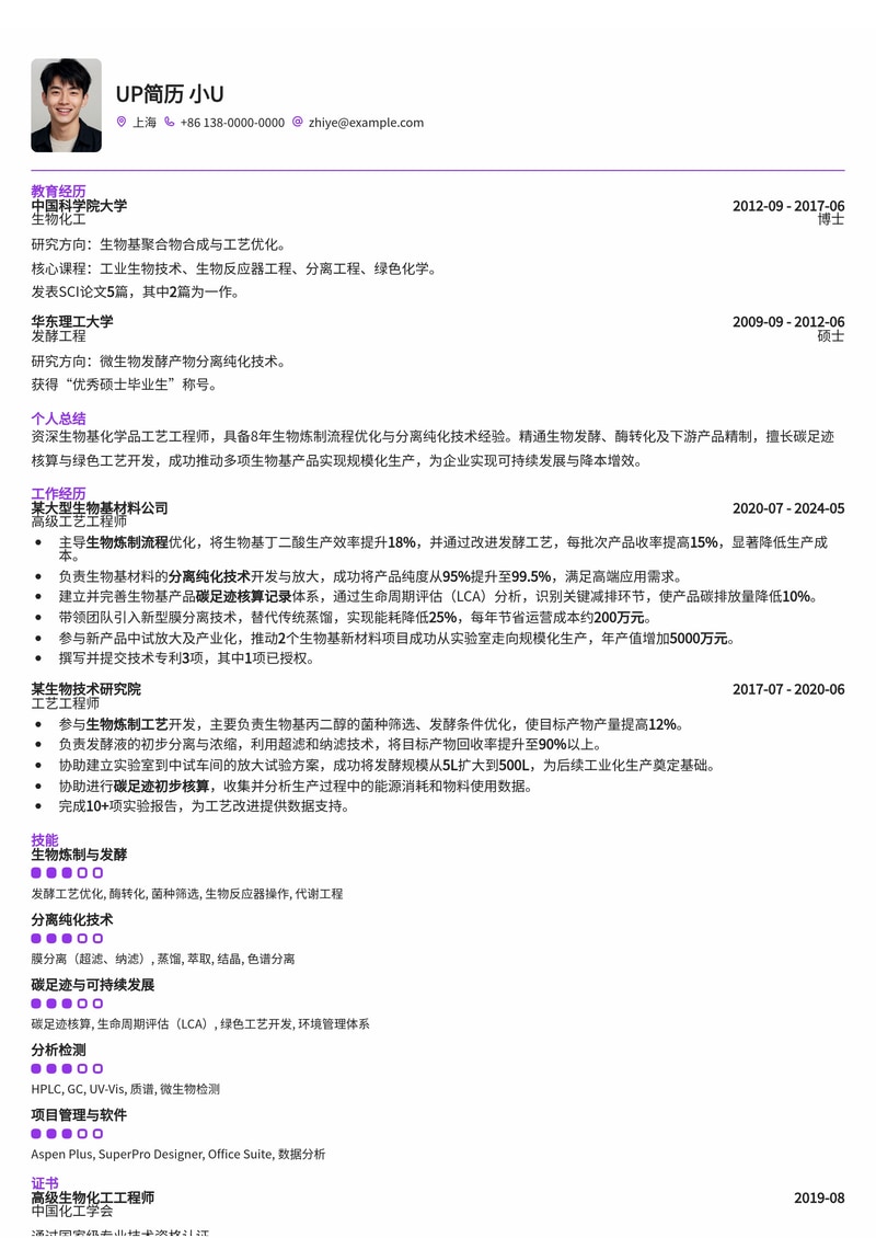 生物基化学品工艺工程师简历模板：生物炼制、分离纯化与碳足迹核算专家优选简历模板预览