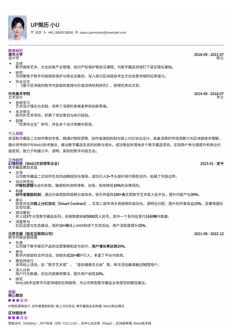 数字藏品二次创作策划简历：IP授权、激励机制与链上分红协议专家模板简历模板预览