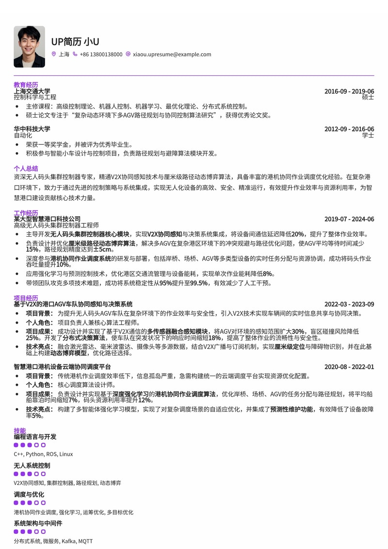 无人码头集群控制器简历模板：内置V2X协同感知，厘米级路径动态博弈，港机协同作业调度简历模板预览