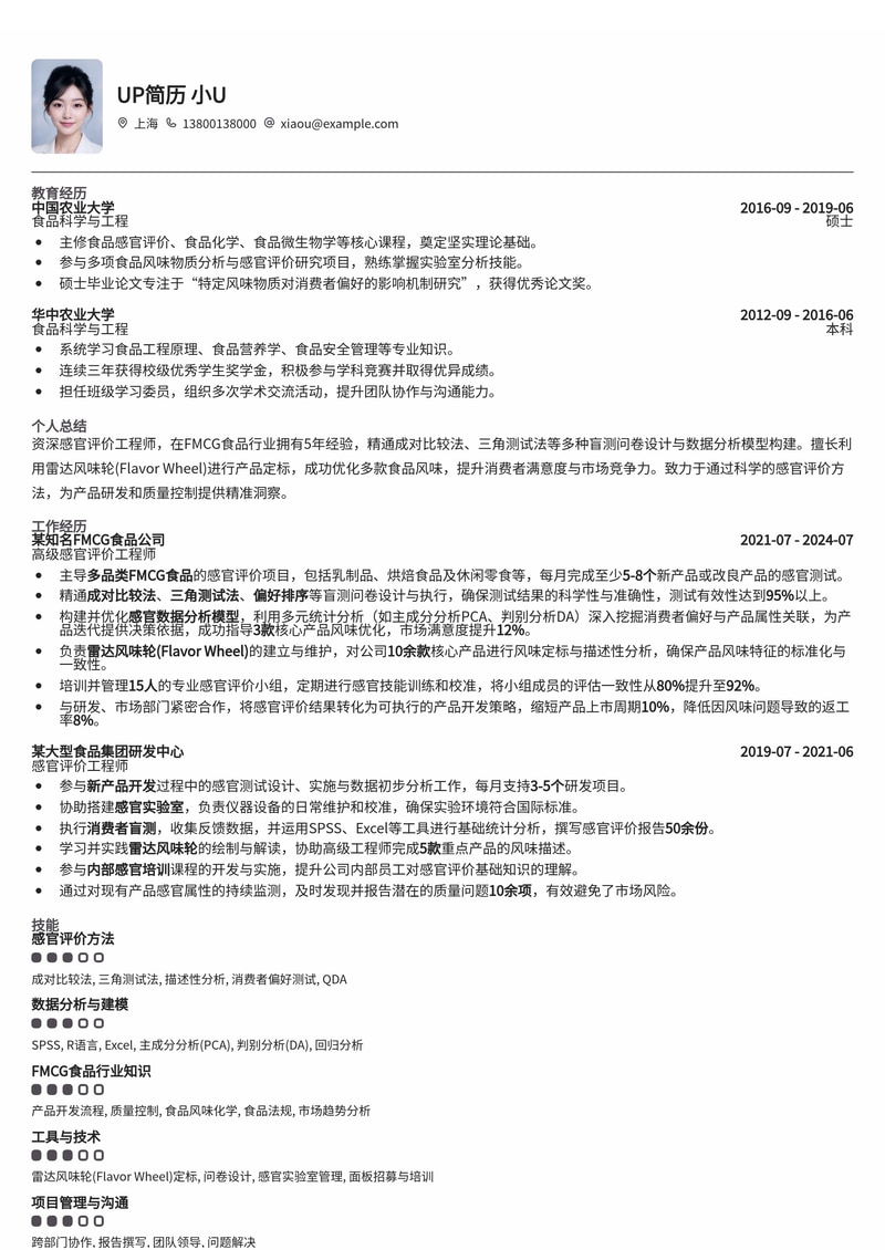 感官评价工程师(Sensory Evaluation Scientist)简历模板：FMCG食品成对比较、三角测试法数据分析与雷达风味轮定标