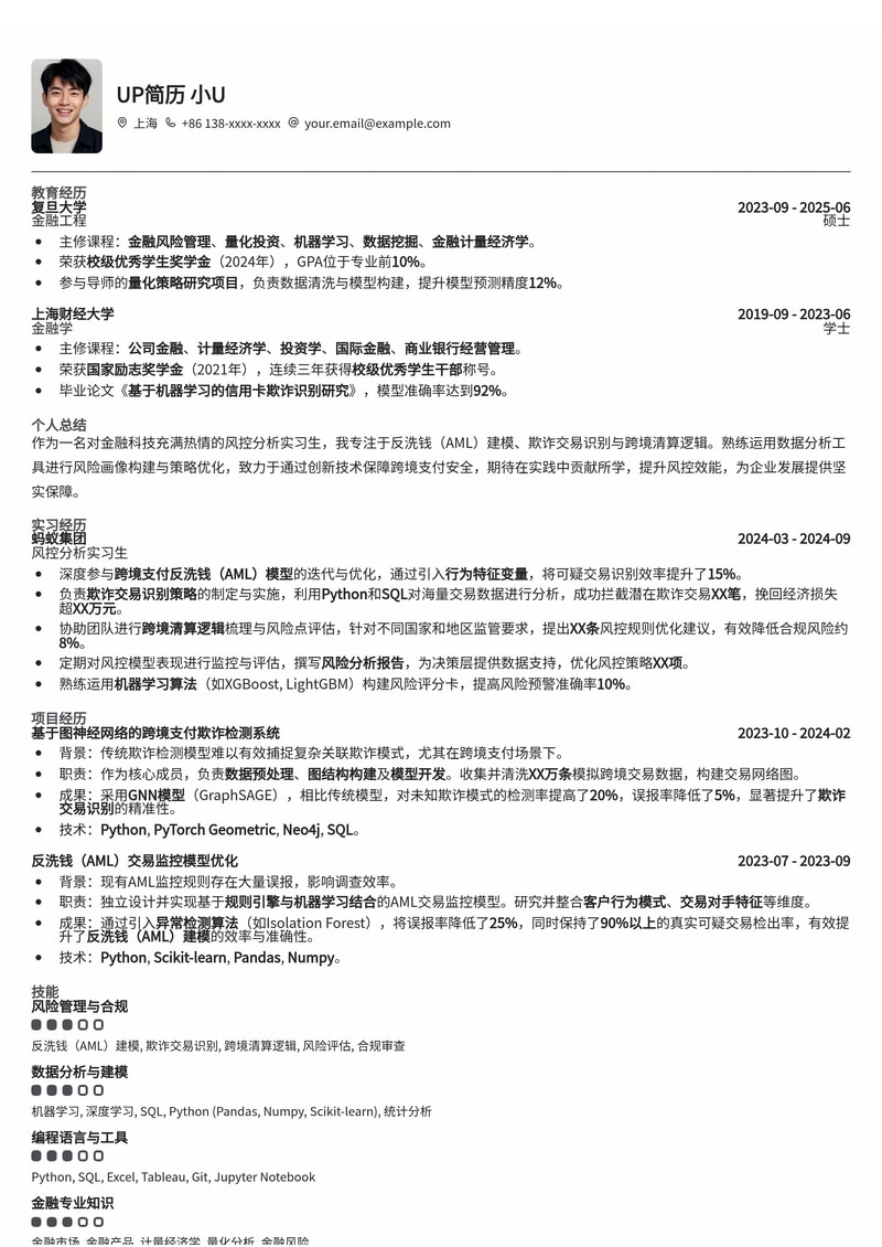跨境支付风控实习生简历模板：强化AML建模、欺诈识别与跨境清算逻辑简历模板预览