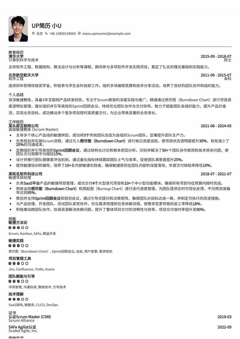 高效敏捷教练(Scrum Master)简历模板:燃尽图与Sprint回顾,助力项目成功简历模板预览