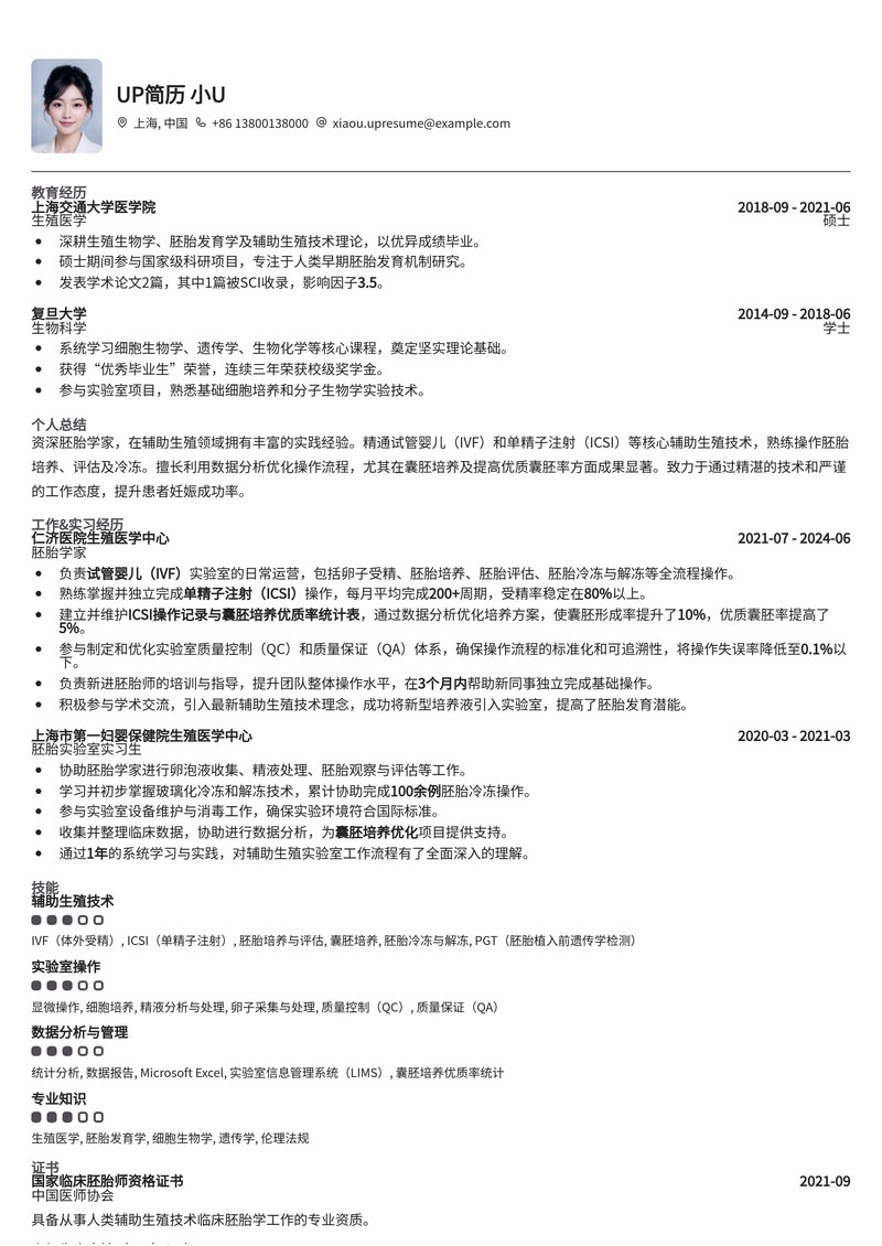 胚胎学家简历模板:IVF/ICSI操作记录与囊胚培养优质率统计表,助您精准展示专业实力!简历模板预览
