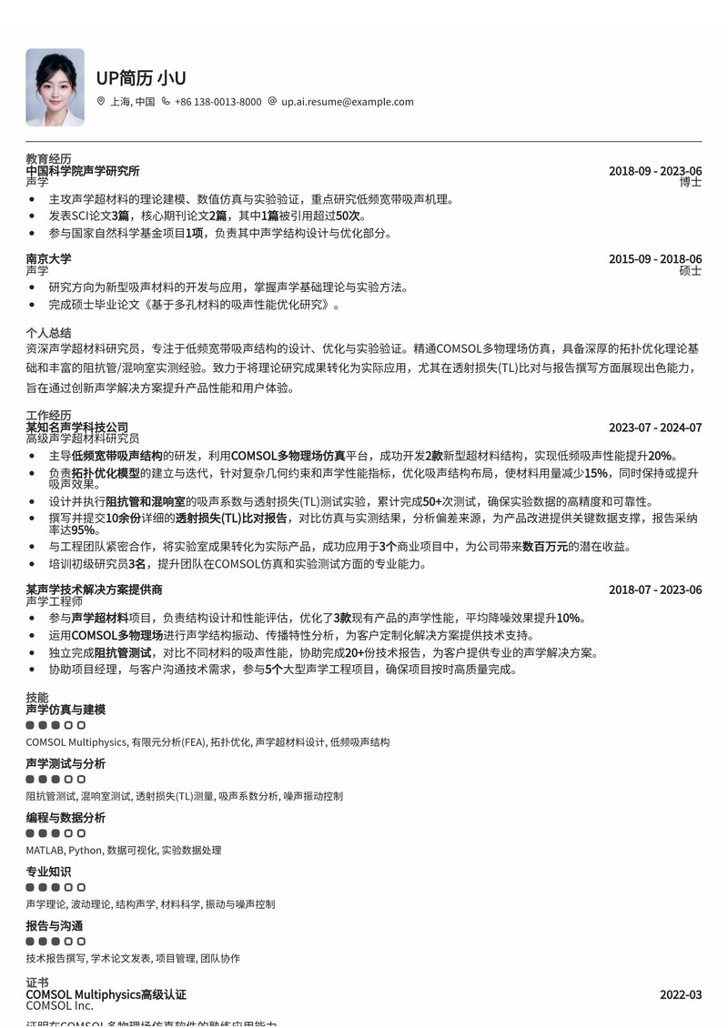 声学超材料研究员简历模板:COMSOL多物理场低频宽带吸声结构拓扑优化与实测报告简历模板预览